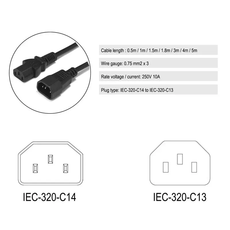 Кабель удлинитель IEC C13 C14 0 5 м 1 футов 6 3 10 м|Сетевые шнуры и удлинители| |