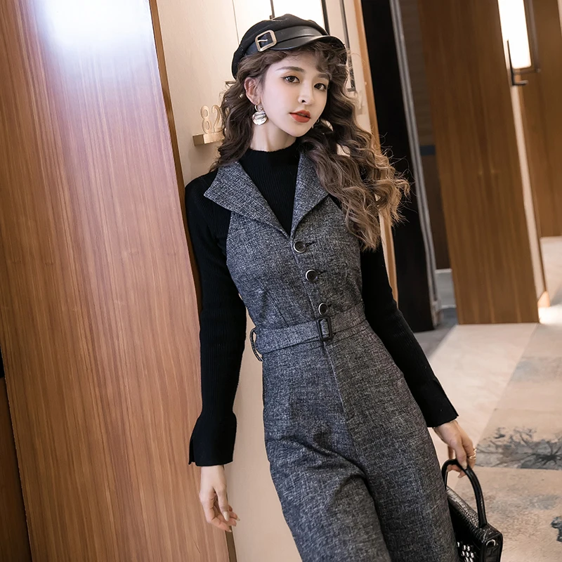 

Temperament suit wide-leg jumpsuit + casual knitted sweater two-piece suit autumn and winter h fashion women's clothing