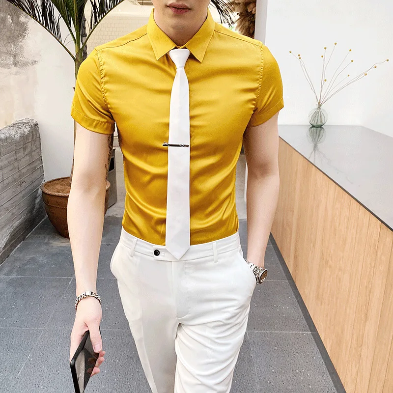 

2020 summer Big Size Men Shirt Silk Short Sleeve Casual Slim Fit Shirt Streetwear Social Tuxedo Dress Clothing Camisa Masculina