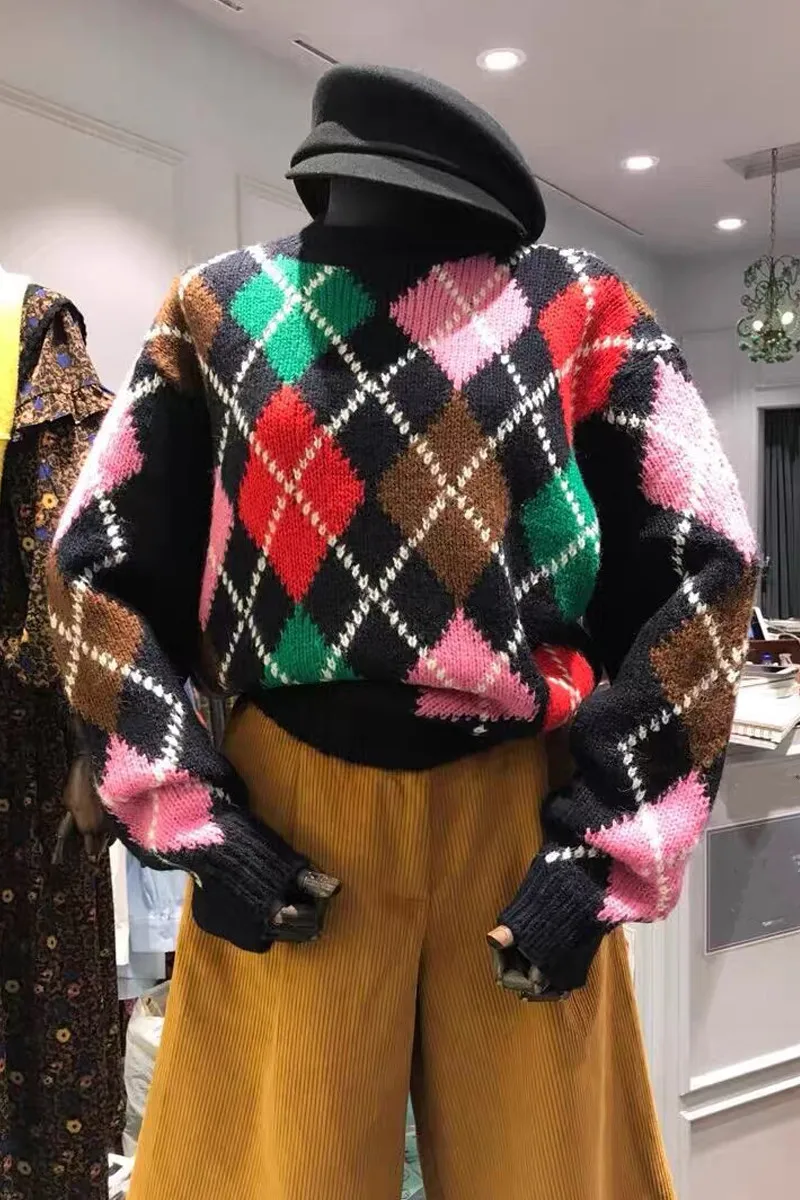 

Autumn Winter 2020 New Loose O Neck Color Diamond Lattice Full Pullover Sweaters for Women C833