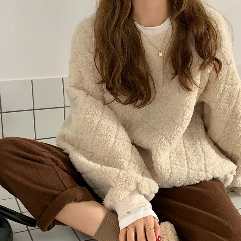 

Fake Two Pieces of Lamb Wool Sweater Women's Early Autumn 2021 New Korean Lingge Loose Thickened Warm Coat