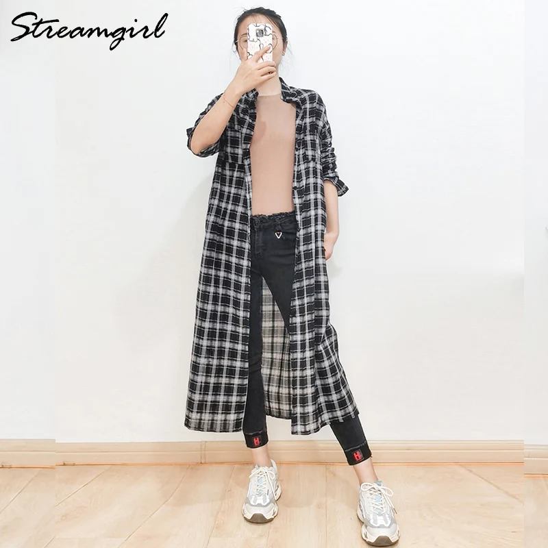 

Women Shirt Plaid Oversize Long Cotton Linen Shirts Summer Thin Blouse Plaid Long Sleeve Boyfriend Loose Long Shirt Women 2021