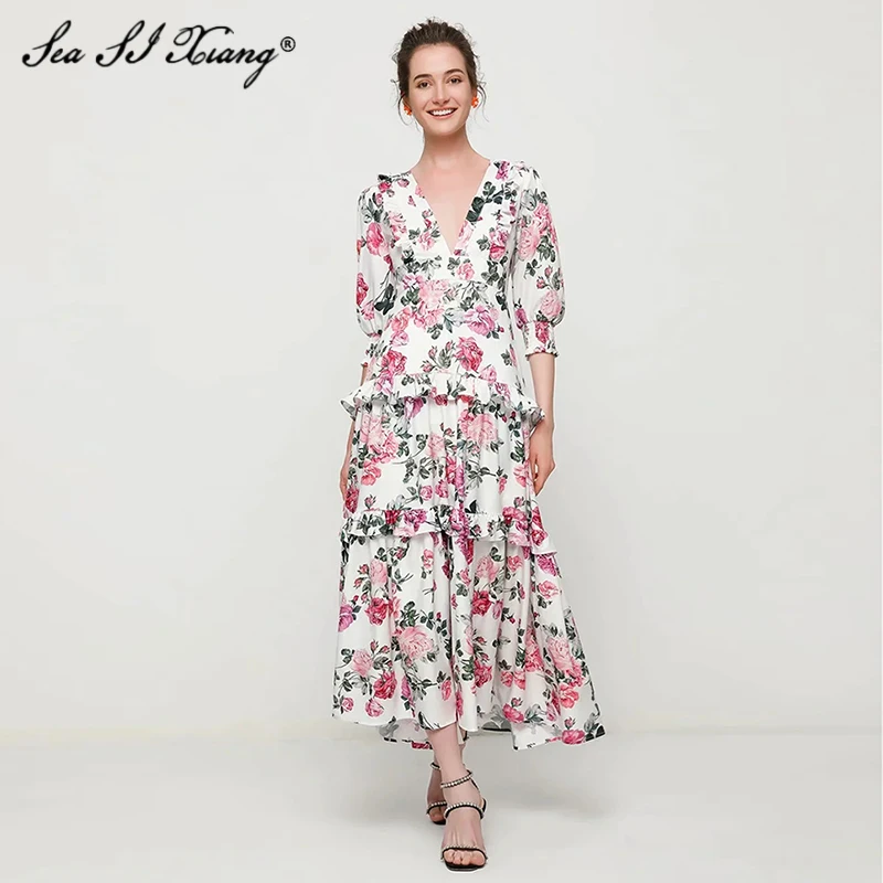 

Seasixiang модное дизайнерское летнее платье, женское платье с v-образным воротом, с рукавами-фонариками розовое платье с цветочным принтом в бог...