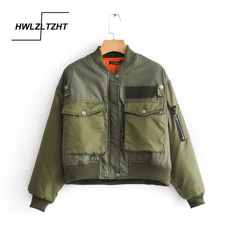 

HWLZLTZHT 2021 Bomber Jacket Women Army Green Warm Zipper Pockets Winter Coat Female Jacket Parkas Femme Chaqueta Mujer