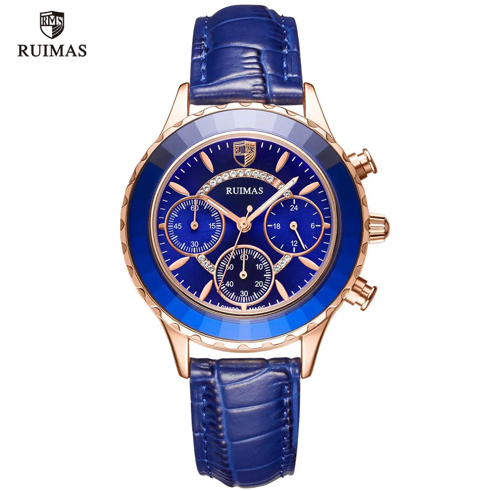 Роскошные Кварцевые часы RUIMAS для женщин синие наручные с кожаным ремешком