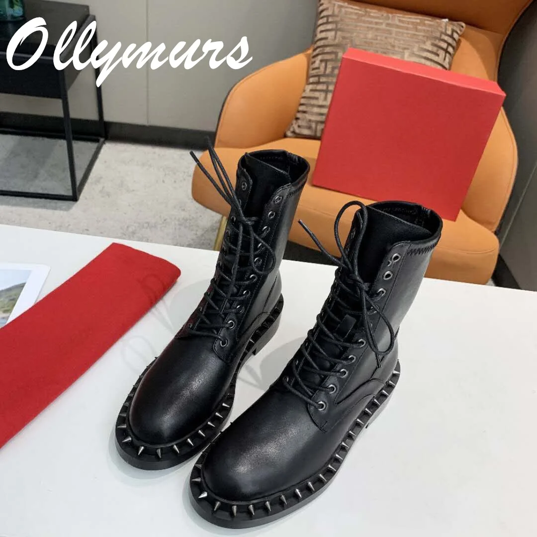 

Prowow New Genuine Leather Spikle Studded Ankle Boots Round Toe Lace Up Brand Designer Winter Boots Female Women Shoes