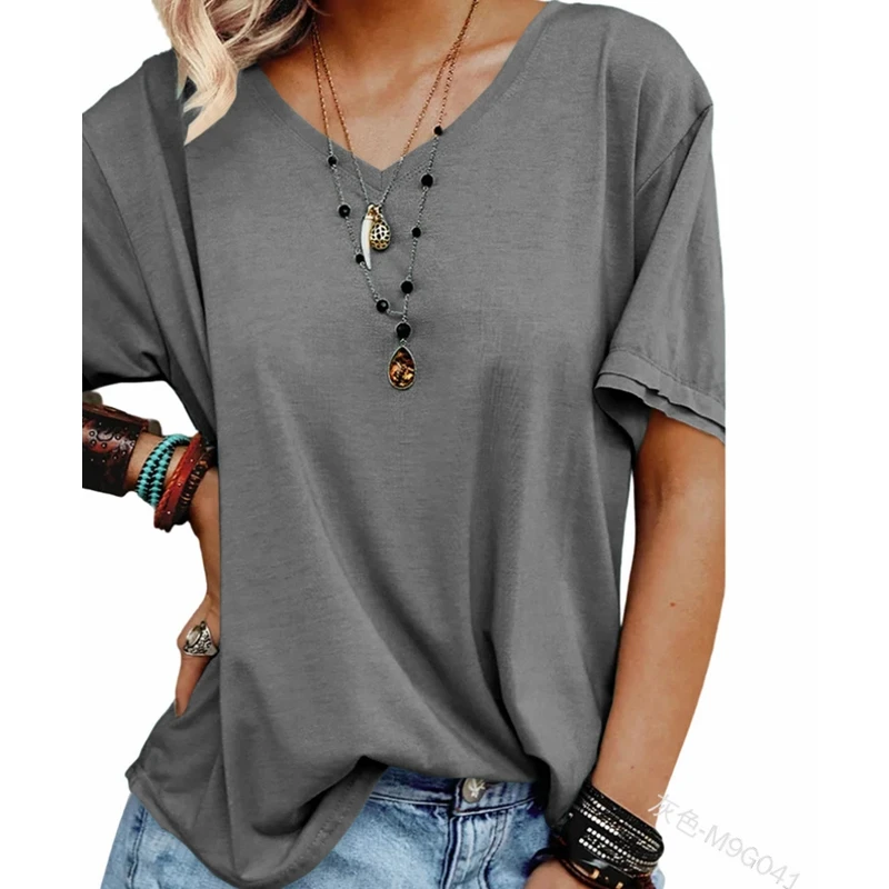 

WEPBEL T-shirt Women's Casual Solid Color Loose-Fitting T-shirt Top Summer Fashion Short Sleeve V-neck Pullover T-shirt