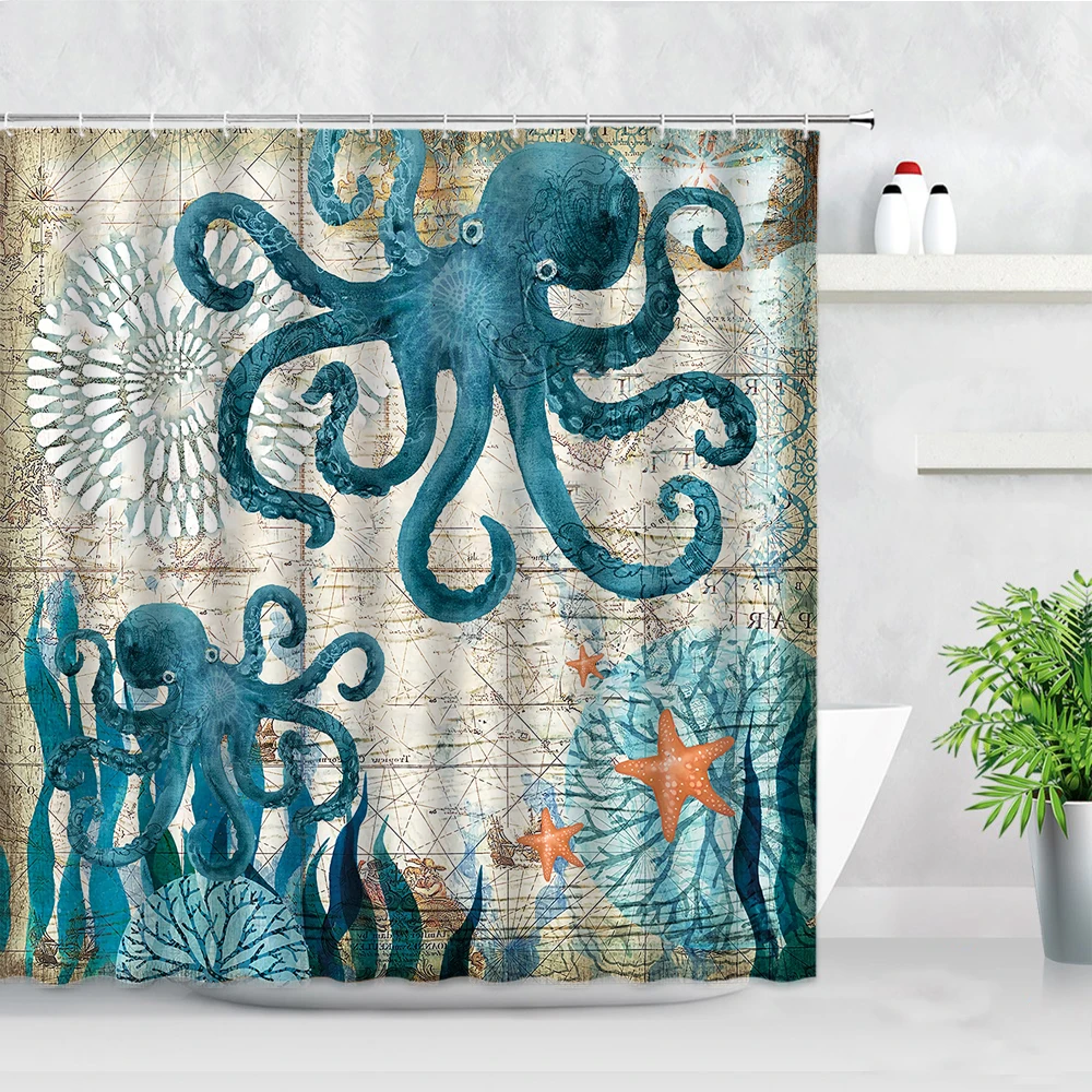 

Retro Red Octopus Shower Curtain Set Ocean Animal Fish Cartoon 3D Print Waterproof Cloth Bathroom Curtains With Hooks Bath Decor