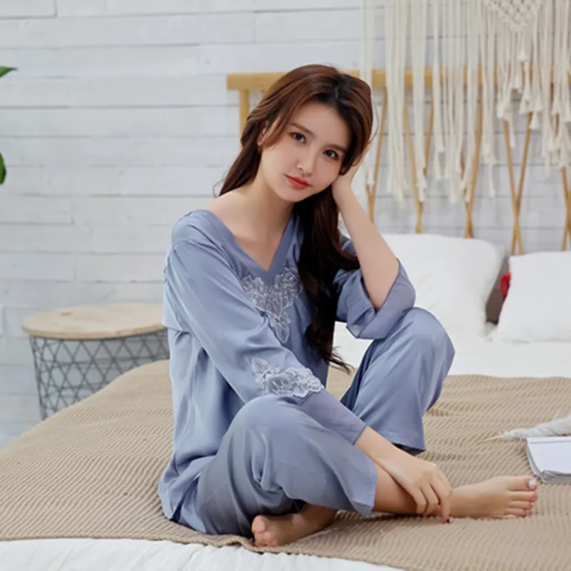 2021 New Summer Pajamas Women's Ice Thin Long Sleeve 2Pcs Suit Nightie Simulation Silk Large Size Leisure Home Wear Sleepwear