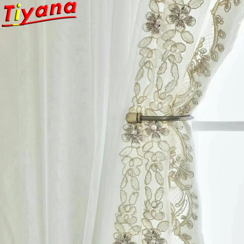 

Side Embroidered Flowers Pearls Tulle Curtains for Living Room Light Luxury Beading White Sheer Volie for Balcony HM933 #VT
