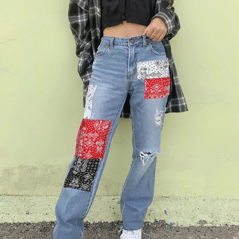 

Spring Summer Fashion Slim Streetwear Contrast Color Applique Holes Woman Casual Denim Pants Girl Straight Jeans Cargo Jeans