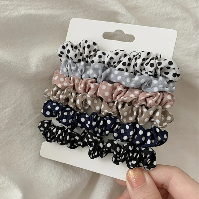 

6 Pcs Fashion Satin Dots Head Rope Hair Tie Women Wild French Hair Rope Net Red Large Intestine Tie Head Rope For Ladies