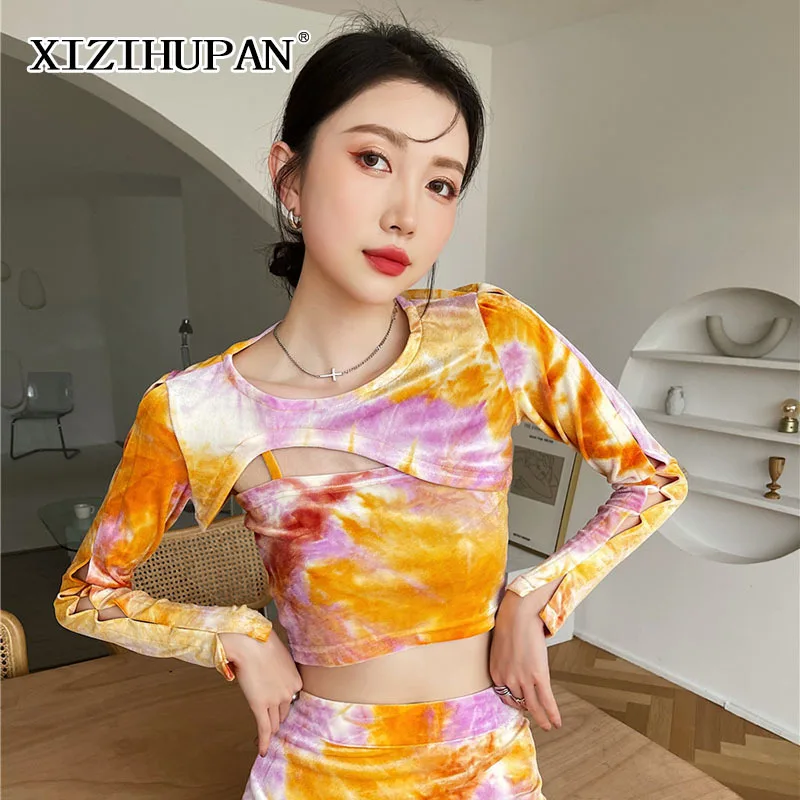 

CHICEVER Tie Dye Vest For Women Square Collar Hollow Out Slim Elasticity Sexy Camis Female Summer Fashion New Clothing 2021 Tide