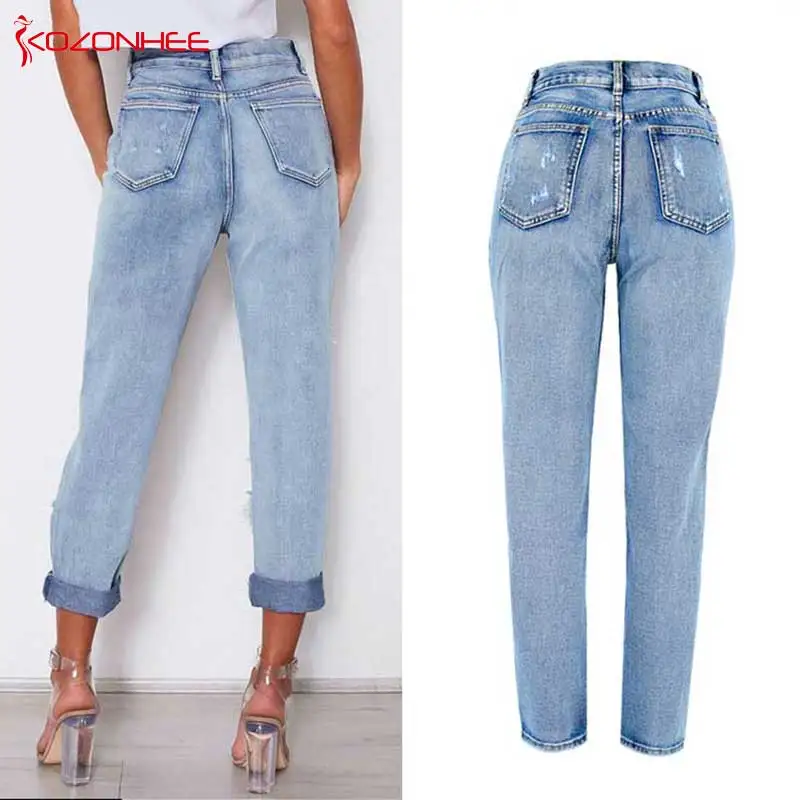 Неэластичные прямые женские джинсы с дырками нестандартные потертые для женщин