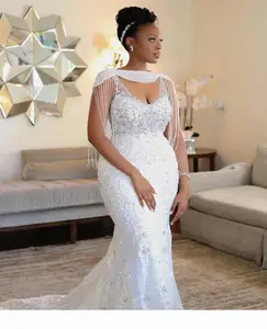 Custom Made Mermaid Bridal Weddding Dreses Bride Wrap Beading Crystal Lace Appliqued Sexy Spaghetti Bridal Dress African