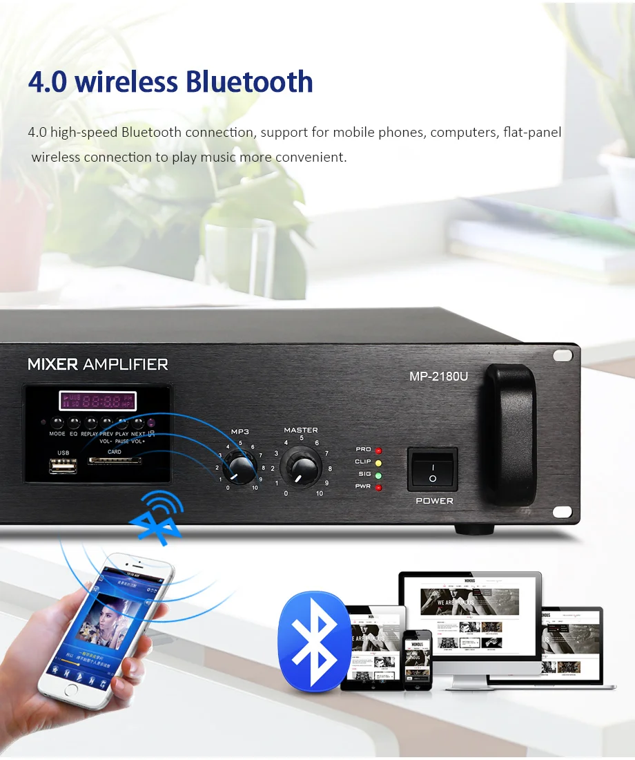 Oupushi MP-2180U высокомощный профессиональный усилитель вещания Многофункциональный Bluetooth усилитель Поддержка дистанционного управления