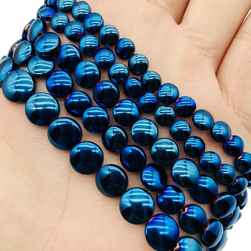 

BTFBES 6/8/10mm Blue Flat Round Coin Hematite Natural Stone Spacer Charm Loose Beads For Jewelry Making DIY Bracelet Earrings