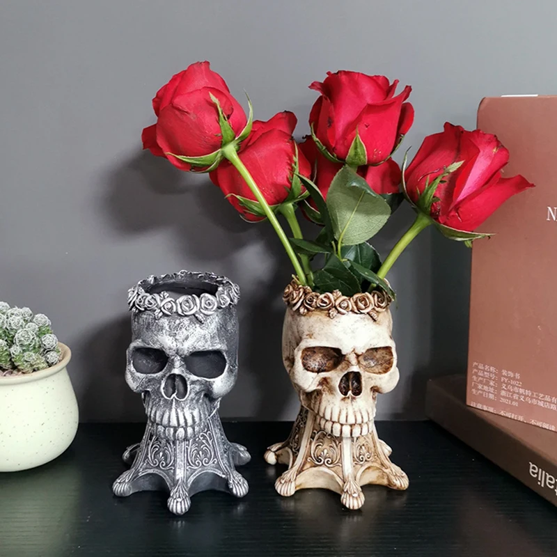 

Creative Skull Art Vase Nordic Style Cranium Skeleton Tabletop Flower Vase Resin Home Office Desktop Vase Crafts Decoration