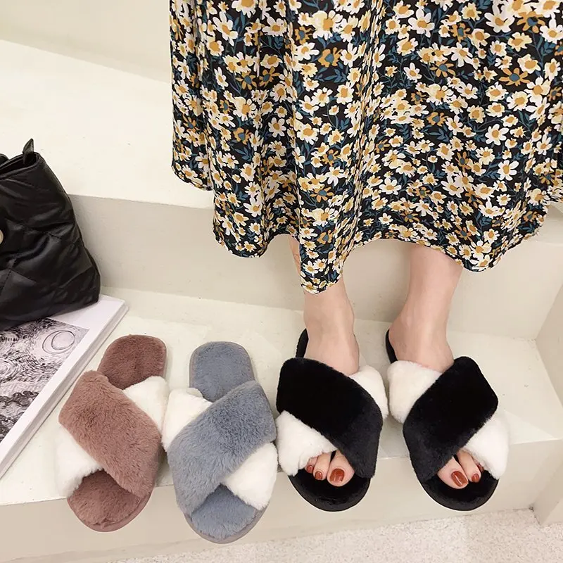 Autumn and Winter Plush Fashion Home Furry Cotton Slippers for Women's Outer Wear Flat-bottom Non-slip Warm Women's Slippers