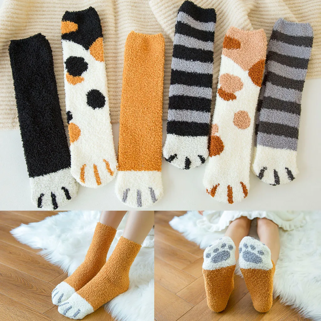 

New Fashion In Tube Sock for Women Cats Paw Cute Funny Kawaii Floor Sox for Girls Thick and Warm In Winter