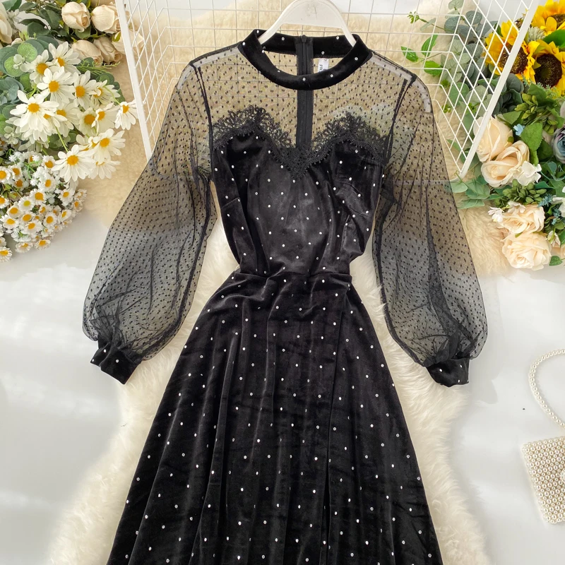 2019 Новая модная женская одежда осеннее бархатное белое платье в горошек женское |