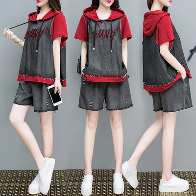 

Повседневный джинсовый костюм для женщин; комплект из двух предметов; летние короткие комплекты; большие размеры; костюмы и комплекты; топ с...