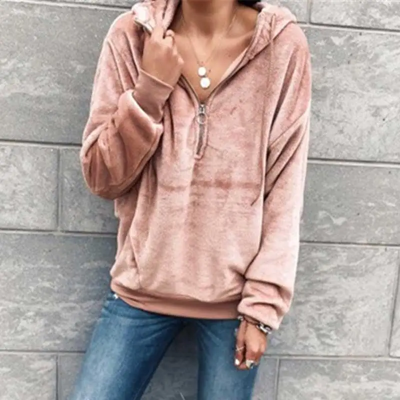 Женский плюшевый свитшот на молнии теплая розовая толстовка с капюшоном Осень
