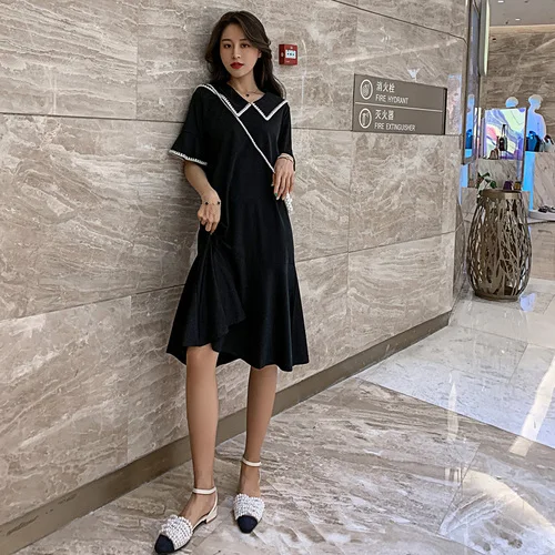 Летнее свободное Черное женское платье с коротким рукавом большие размеры