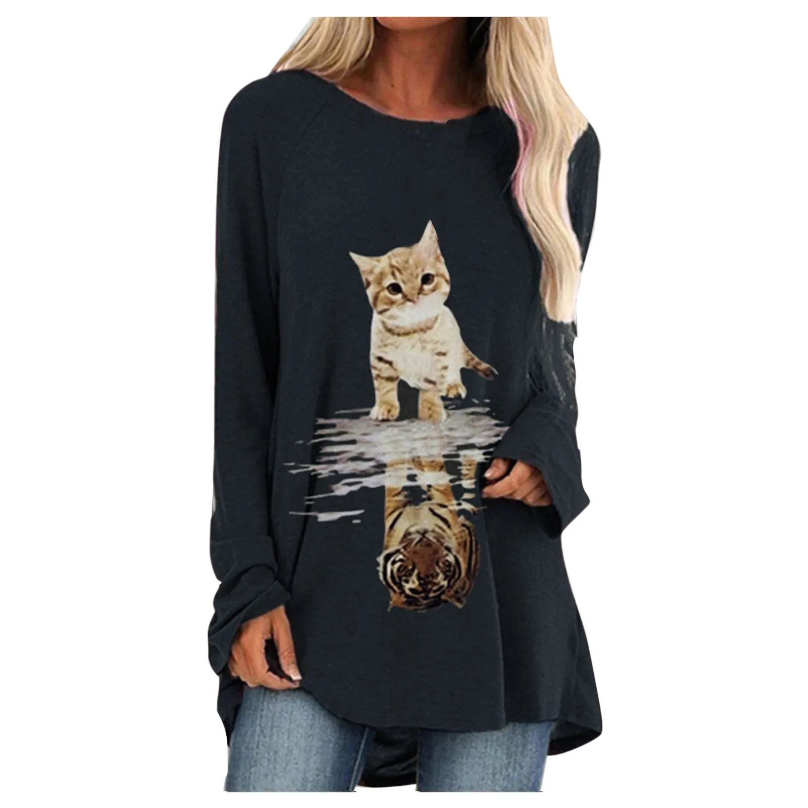 

58# Cat T Shirt Women 2021 Long Sleeve Flower Printed O-neck Tops Tee Color Block T-shirt Magliette Donna Vintage Tee Tops Women