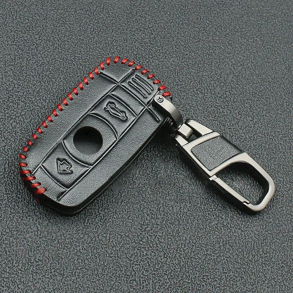 

Leather Car Remote Key Fob Case Cover Chain For BMW 3 5 Series X5 X6 M5 2 Button Car Key Cover Bag