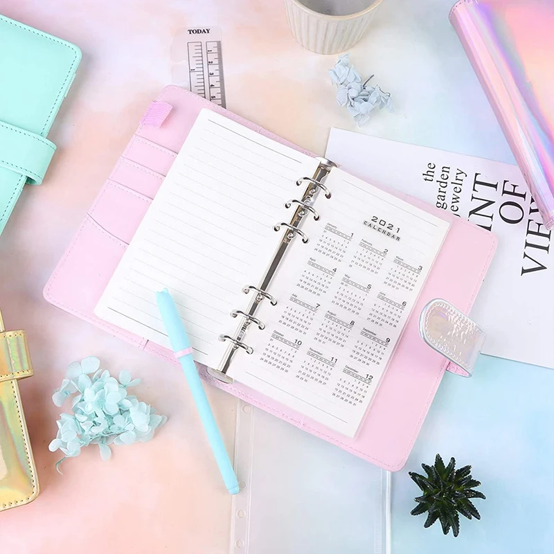 

A6 PU Leather Notebook Binder Sets with 6-Round Ring Binder Cover, A6 Bookmark Ruler and Calendar Board