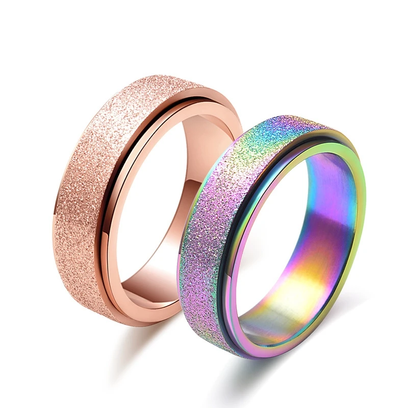 

Wholesale Rose Gold Titanium Steel Frosted Rotating Ring Colorful Pearl Sand Ring Jewelry Factory Direct Sales Free Shipping