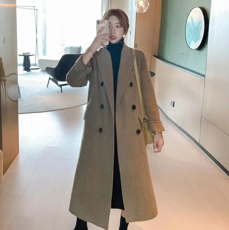 Женское длинное шерстяное пальто роскошное Элегантное зимнее с отворотами