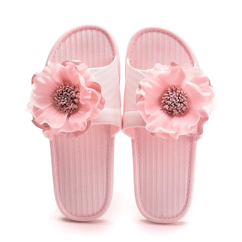 

Rouroliu 2020 Flower Slippers Autumn Non-Slip Flat Heel Linen Flip Flops Fashion Home Shoes Open Toe
