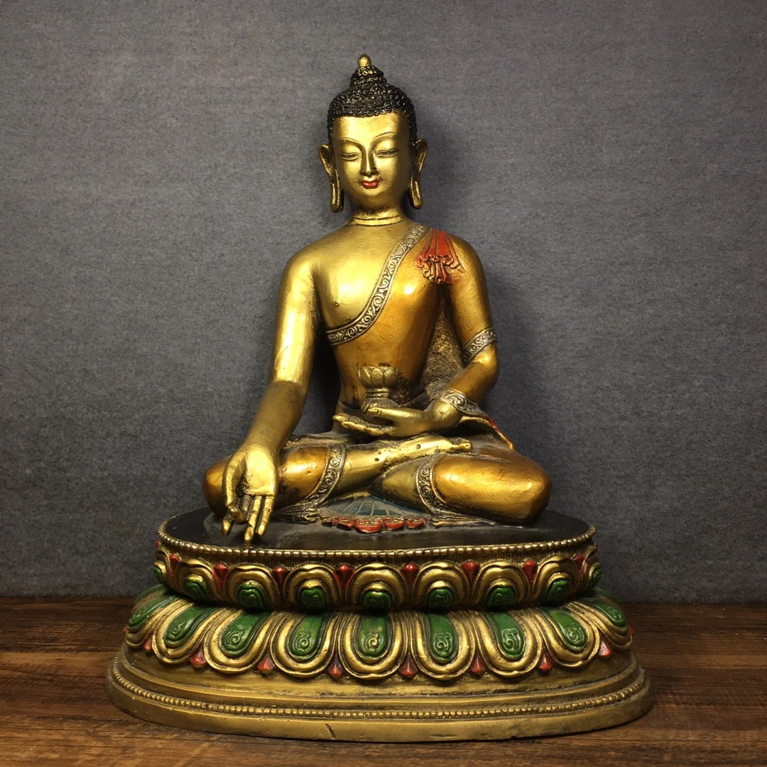 

11"Tibet Temple Collection Old Bronze Gilt Tracing Shakyamuni Buddha Medicine Buddha Sitting on the lotus platform Enshrine