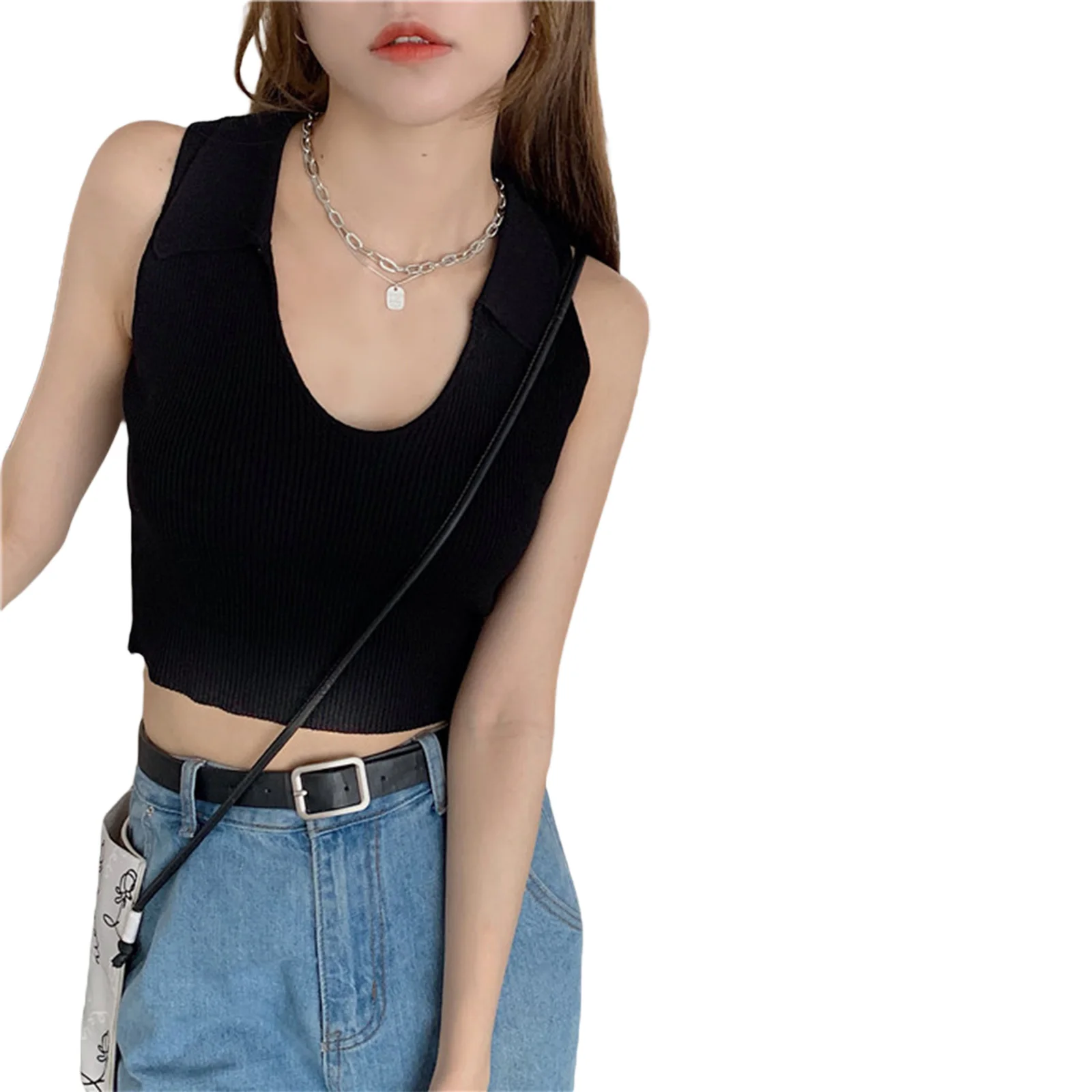 

2021 Summer Women's Lapel Tank Tops Casual Sleeveless Solid Color Rib Knitted Slim Fit Crop Tops