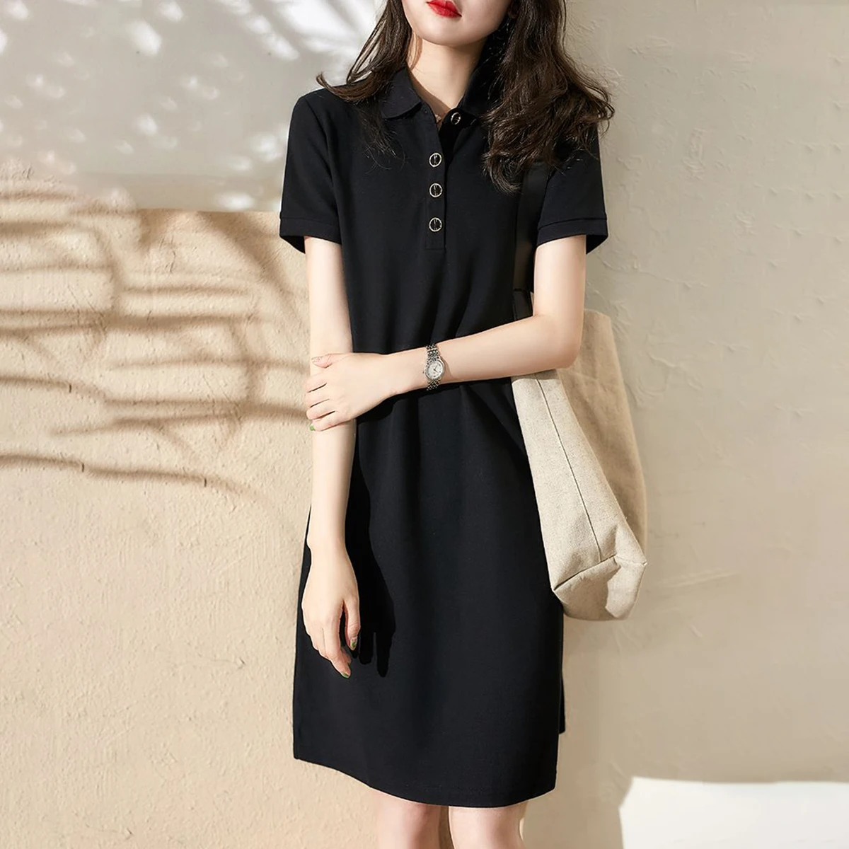 

2021 Summer Black Dress Women Short Sleeve Polo Collar Chic Metal Button Korean Harajuku A-Line Tshirt Dress Female Vestidos New