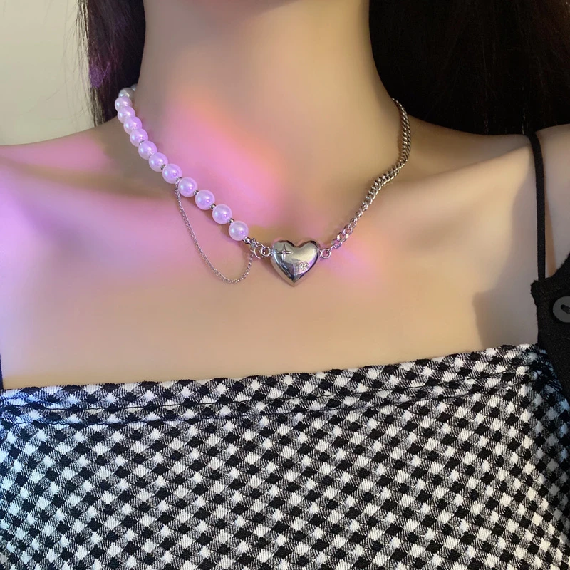 

Heart-Shaped Four-Pointed Star Shiny Rhinestone Pendant Necklace Imitation Pearl Chain Stitching Necklace Tassel Jewelry Female