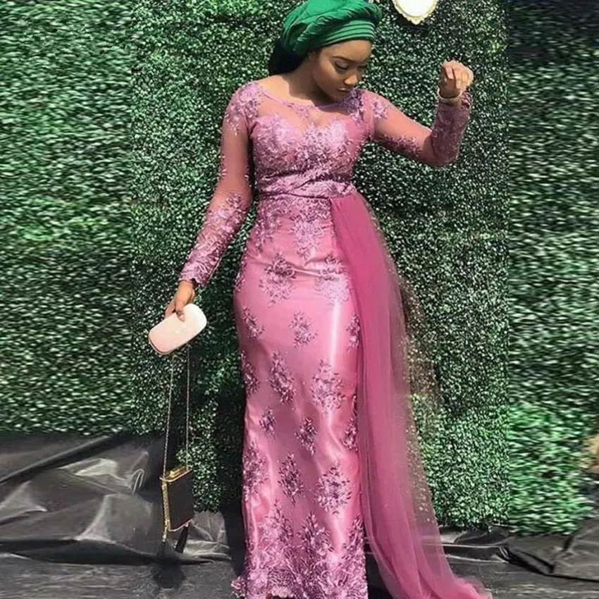 

Aso Ebi Fuchsia Lace Mermaid Prom Dresses With Tulle Elegant Full Sleeves Long African Prom Gowns Appliques Party Dresses