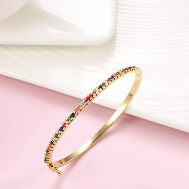 

New Design High Quality Charm Rainbow Bangles 18K Gold Zirconia Rhinestone Cuff Bangle Trendy Jewelry Gift For Women Girls