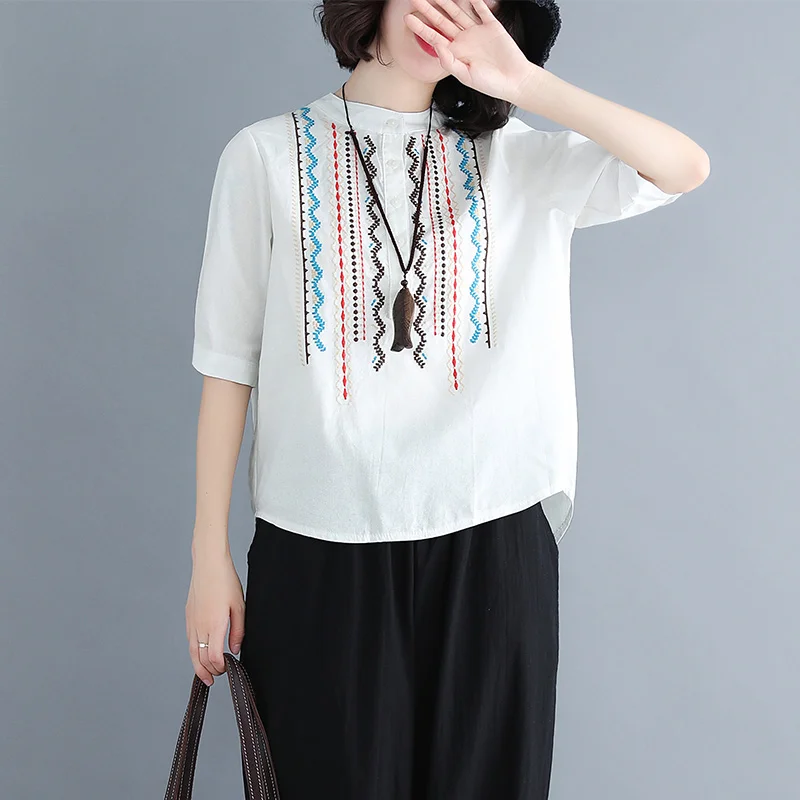 

2020 летние новые женские белые рубашки с вышивкой из хлопка и льна, элегантные офисные рубашки с короткими рукавами, верхняя одежда, топы