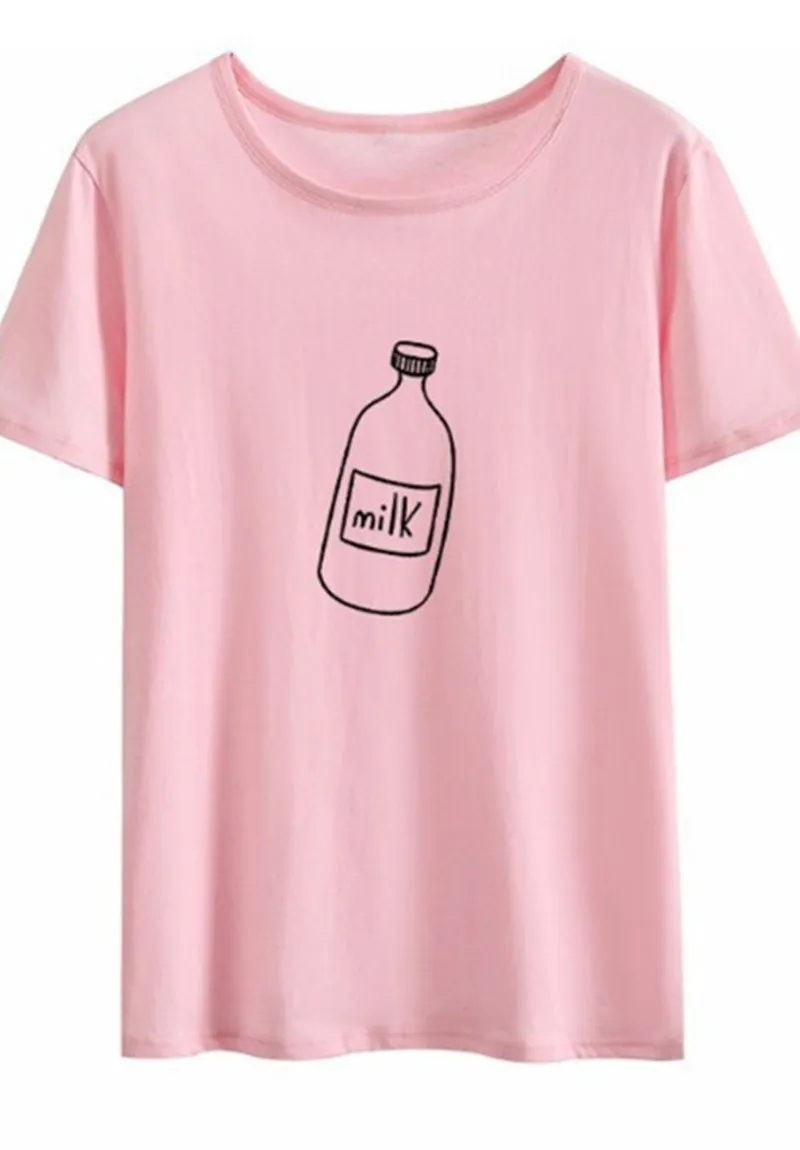 

Women Milk Cartoon Harajuku Kawaii Soft Top Short Sleeve Tee Aesthetic Hipster Summer Streetwear Pink Graphics T-Shirt