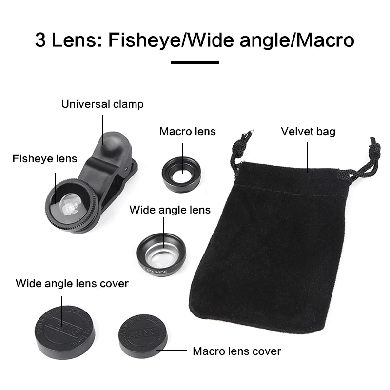 

3PCS/Set Fisheye Lens 3 In 1 Lenses Mobile Phone Clip Lens Wide Angle Lens Camera Macro For iPhone Xiaomi Huawei Lenovo
