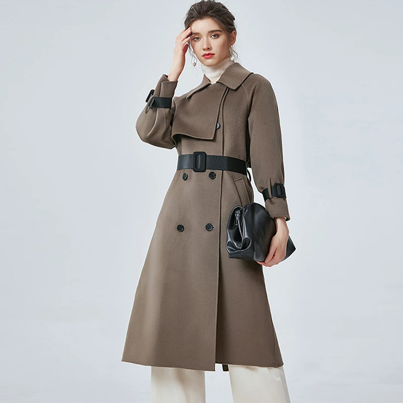 

Women's Double Cashmere Coat Turn Down Collar Long Sleeves Double Breasted Overcoat Winter Outerwear with Belt