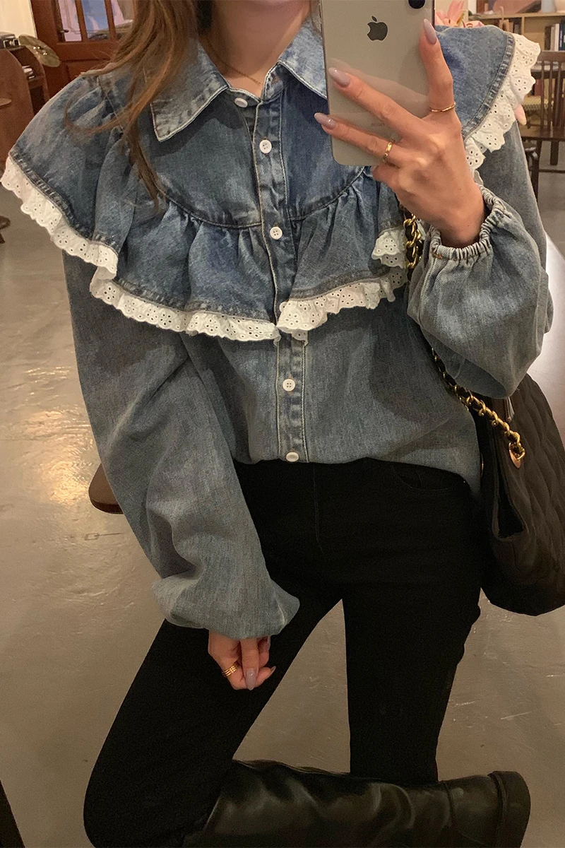 

IEQJ Denim Shirt Womens Patchwork Designed Full Sleeve Lapel Collar High Street Wild 2021 New Spring Autumn Fashion Tide XA137