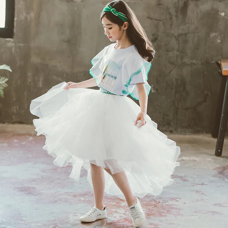 Комплект одежды принцессы для девочек модная детская хлопковая Футболка и пушистая сетчатая юбка комплект