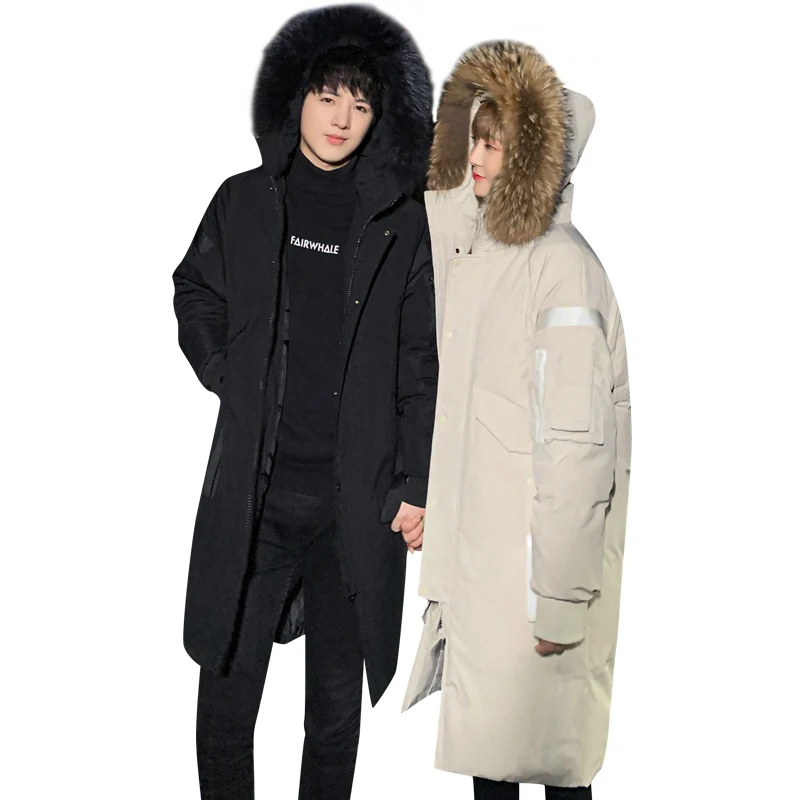 Mens down jacket new stylish medium and long Korean version thickened youth hooded casual men's coat with large fur collar