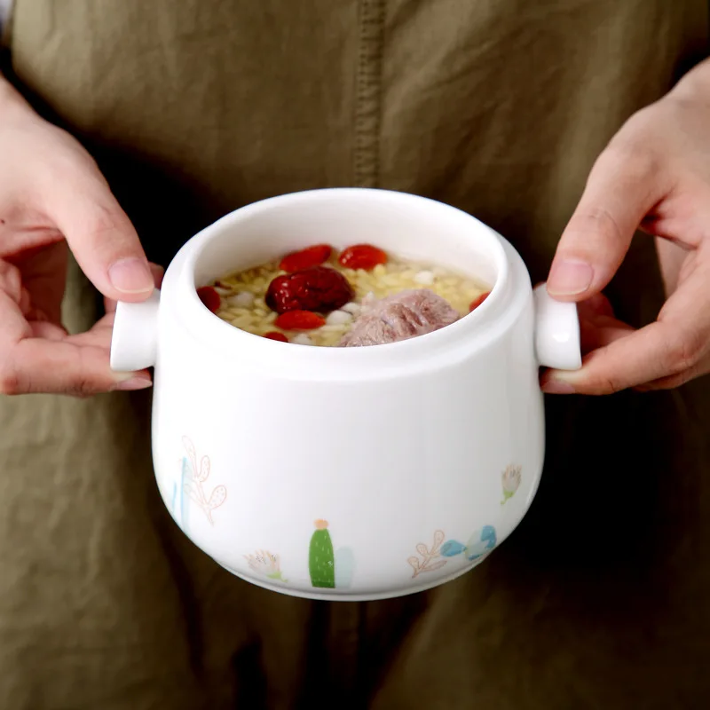 

Handle Soup Steam Soup Bowl Stew Pot Bowl with Double Lid and Steaming Cup Meat Beef Egg Ceramic Slow Cooker Large Smal