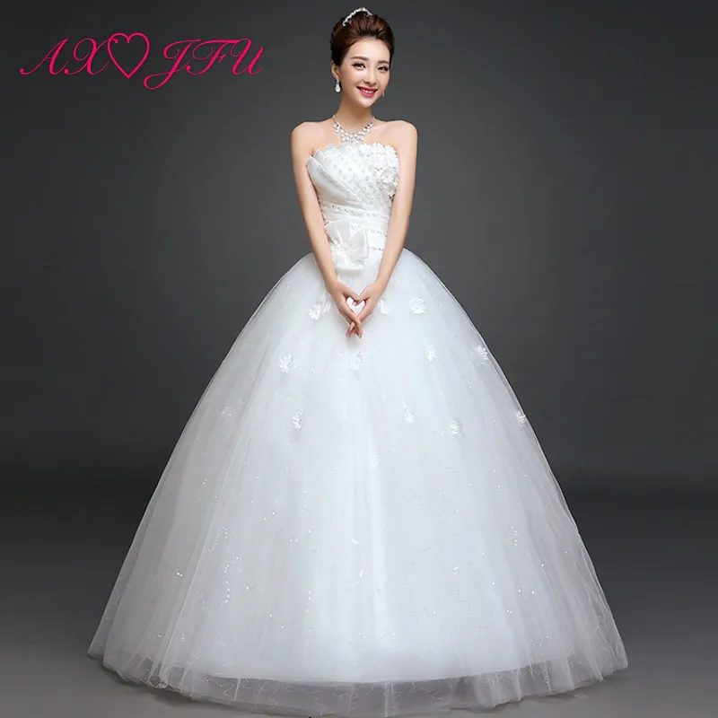 

AXJFU princess flower white lace big bow bride wedding dress vintage strapless beading crystal bride white wedding dress