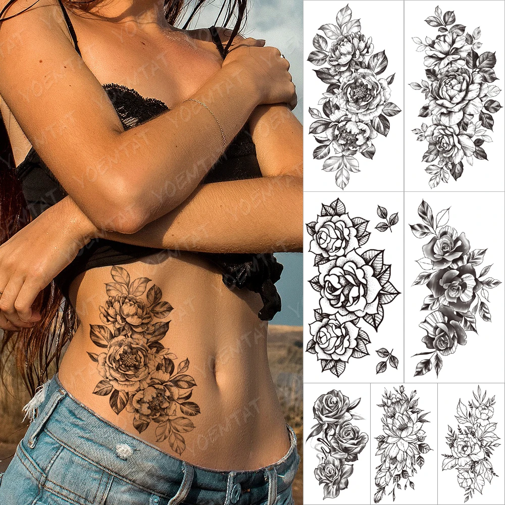 

Black Flower Blooming Waterproof Temporary tatooo Stickers Lily Rose Jasmine Chrysanthemum tatoo Man Women Body Art Fake tatooo